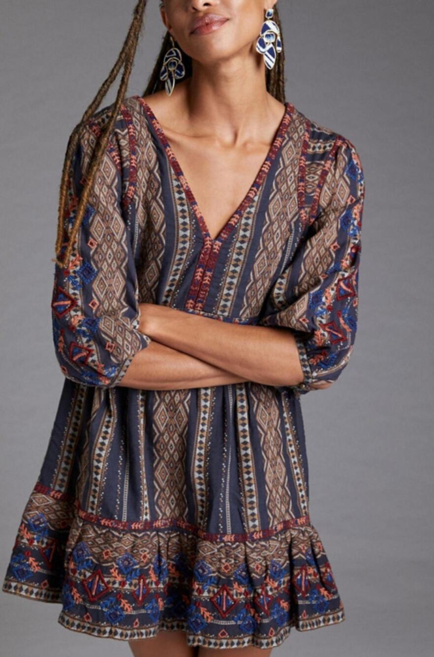 Anthropologie Embroidered 3/4 Length Puff Sleeves Tunic Dress Boho Size XS